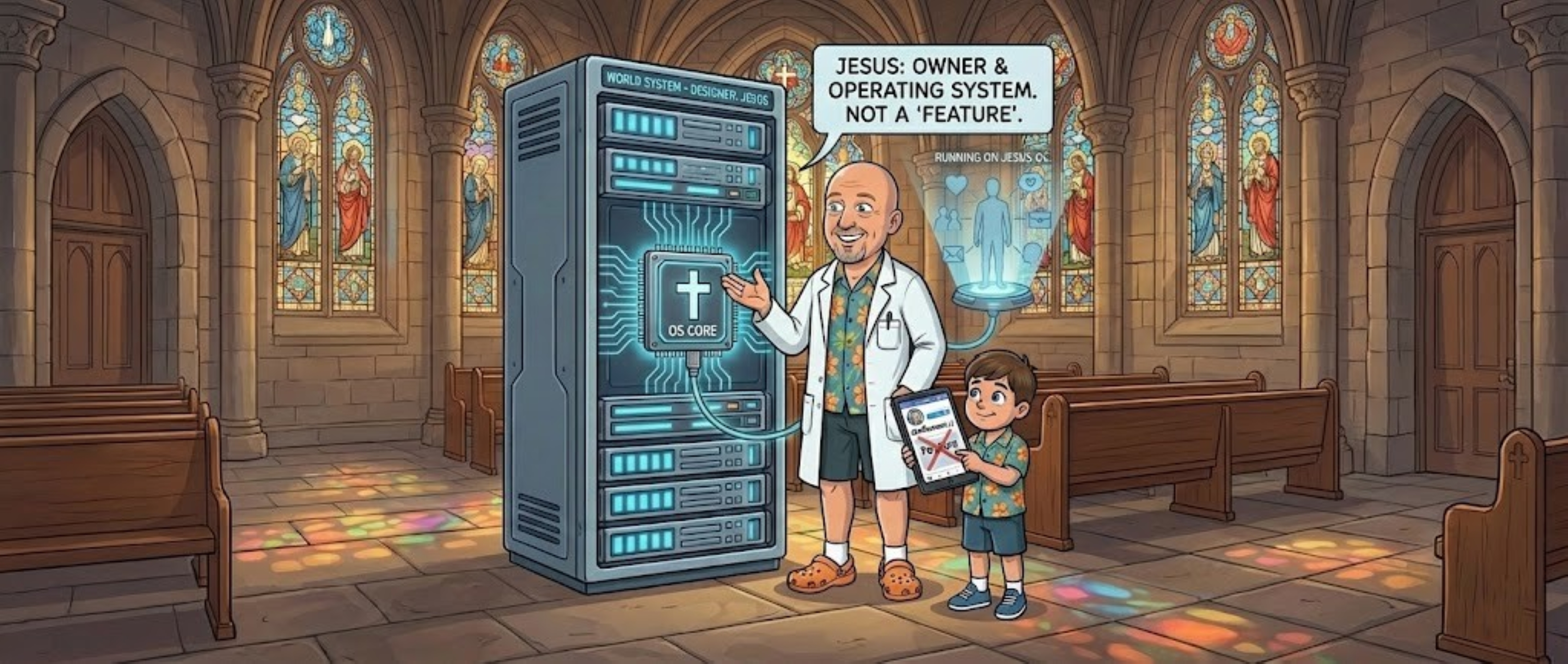 Visual: Jesus as system administrator holding the master password, sitting at the command console of life—contrasted with 'influencers' posting on a distant screen