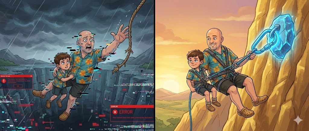 Conceptual visual: Illustration of the 'in-app purchase' fallacy—someone attempting to buy access to a complex system with stacks of gift cards, while a 'GRACE' access card sits available beside them